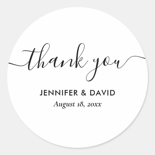 Black and White Elegant Modern Script Thank You Classic Round Sticker (Front)