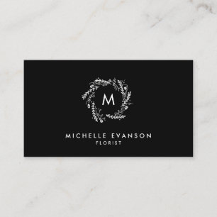 Black and White Elegant Monogram Floral Wreath Business Card