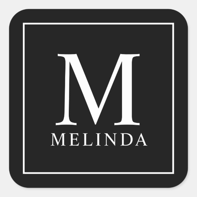 Black and White Elegant Monogram Square Sticker (Front)