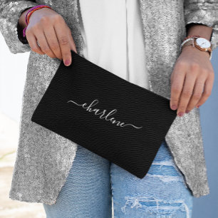 Black and White Elegant Name Accessory Pouch