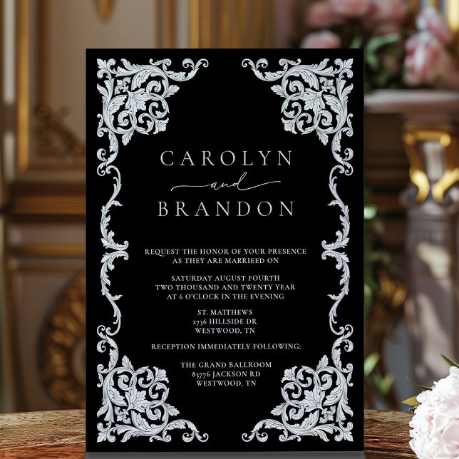 Black and White Elegant Ornate Wedding Invitation (Ornate black and white vintage frame wedding invitation)