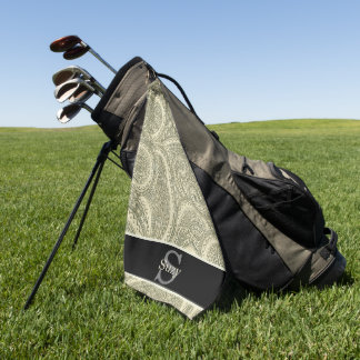 Black and White Elegant Paisley Initial Monogram Golf Towel