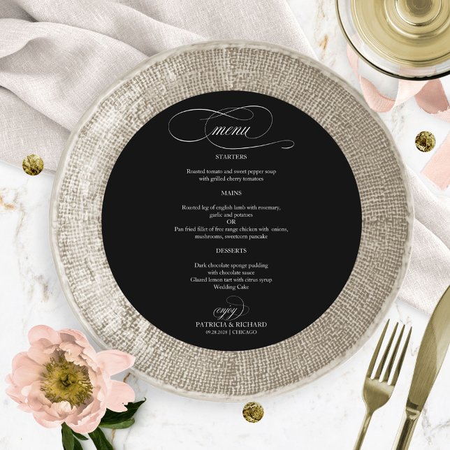 Black And White Elegant Round Wedding Menu (Creator Uploaded)