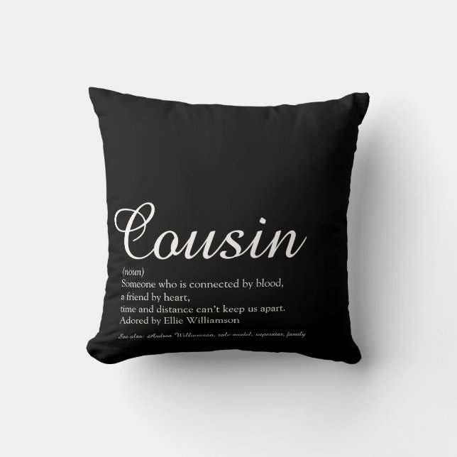 Black and White Elegant Script Cousin Definition  Cushion (Front)