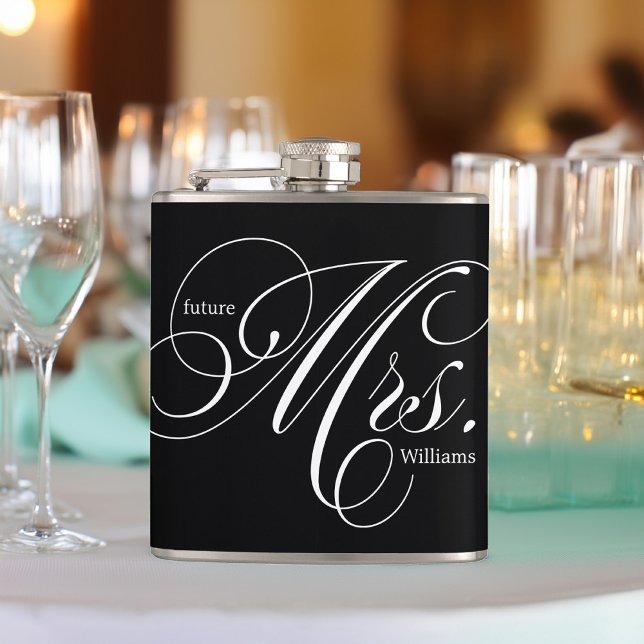 Black and White Elegant Script Future Mrs Hip Flask (Creator Uploaded)