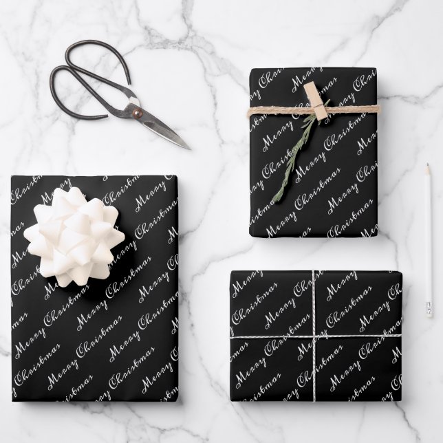 Black and White Elegant Script Merry Christmas Wrapping Paper Sheet (Front)