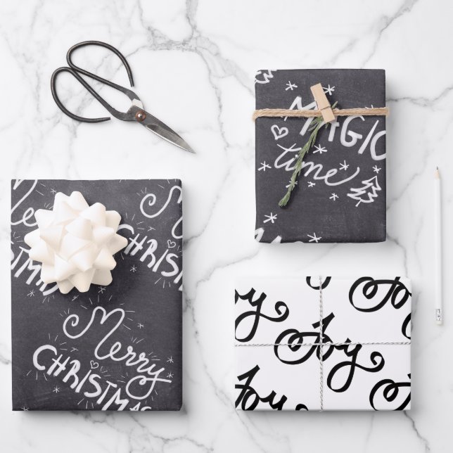 Black and White Elegant Script Merry Christmas Wrapping Paper Sheet (Front)