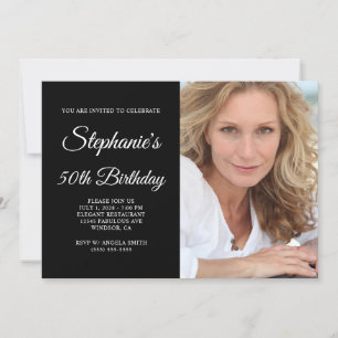 Black and White Elegant Script Photo 50th Birthday Invitation