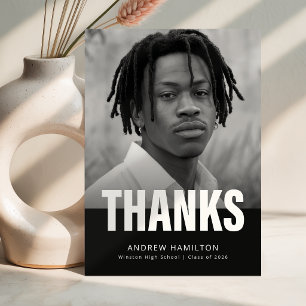 Black and White Elegant Script Photo Graduation Thank You Card