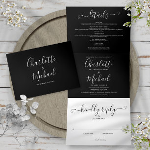 Black And White Elegant Script Photo Wedding Tri-Fold Invitation