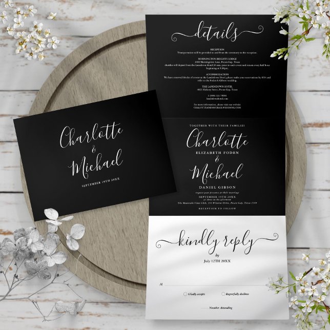 Black And White Elegant Script Photo Wedding Tri-Fold Invitation (Black And White Elegant Script Photo Wedding Tri-Fold Invitation)