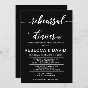 Black and White Elegant Script Rehearsal Dinner Invitation