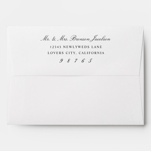 Black and White  Elegant Script Return Address A7 Envelope (Back (Top Flap))
