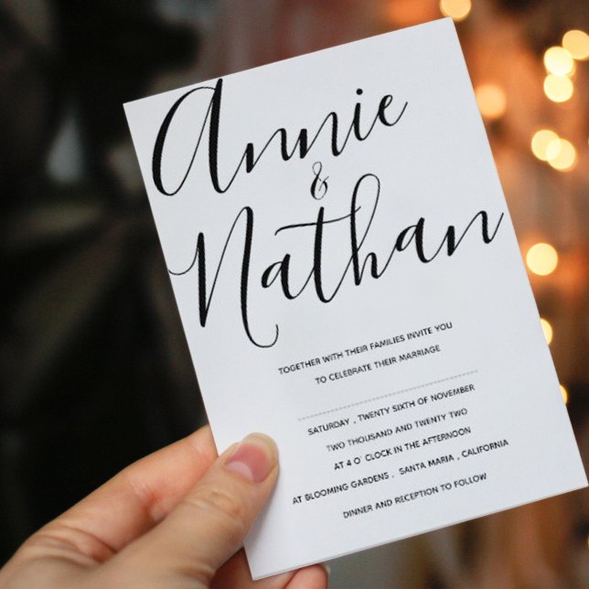 Black and White Elegant Script Wedding Invitation (Elegant Minimalist Black and White Script Wedding Invitation)