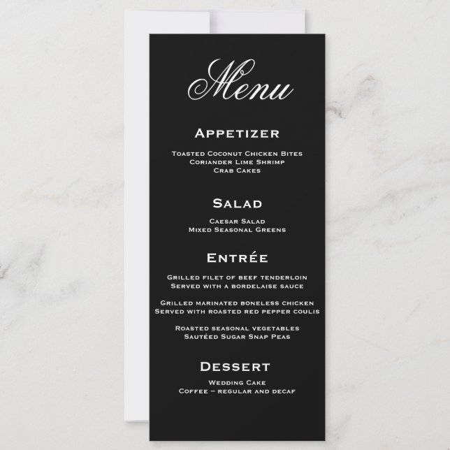 Black and White Elegant Script Wedding Menu Card (Front)