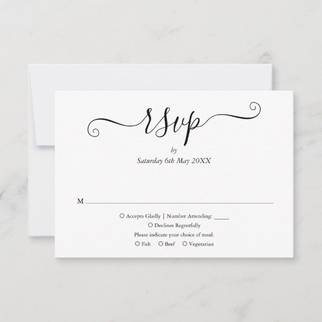 Black And White Elegant Script Wedding RSVP Card (Front)