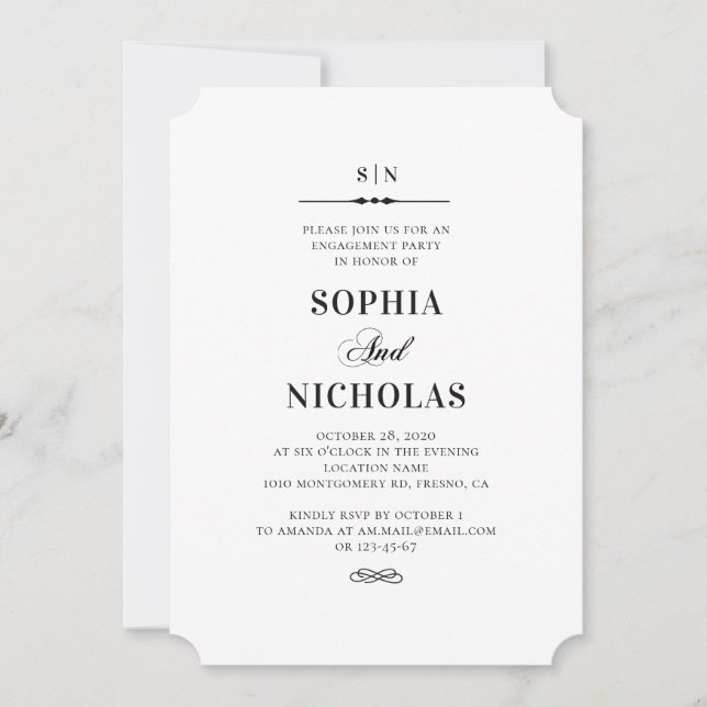 Black and white elegant simple engagement party invitation (Front)