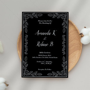 Black and White  Elegant Simple Leaves Wedding Invitation