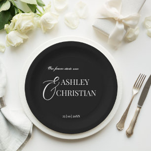 Black and white elegant simple monogram printed paper plate