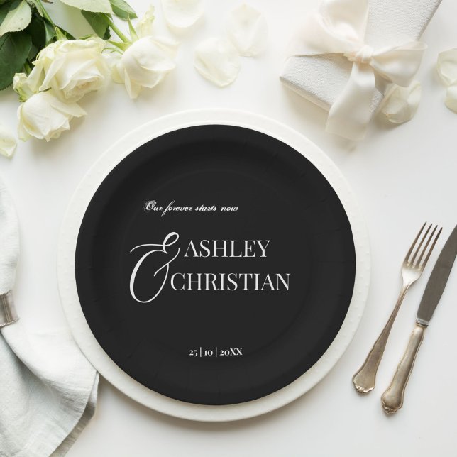 Black and white elegant simple monogram printed paper plate (Black and white elegant simple monogram printed paper plates personalized wedding tableware decor)