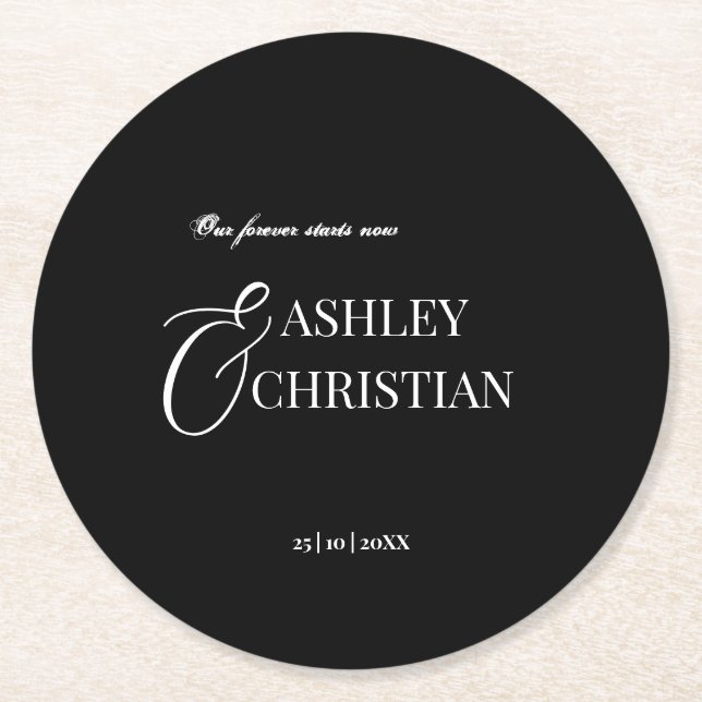 Black and white elegant simple monogram printed round paper coaster (Front)