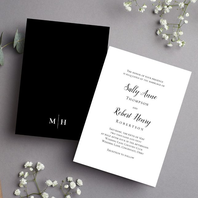 Black and White Elegant Simple Script Template (Simple black and white calligraphy script wedding invitation.)