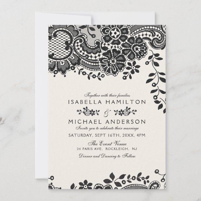 Black and white elegant vintage lace wedding invitation (Front)