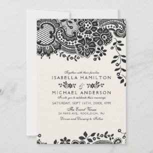Black and white elegant vintage lace wedding invitation