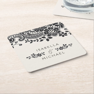 Black and white elegant vintage lace wedding square paper coaster