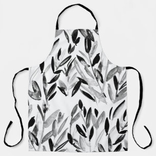 Black and white elegant watercolor natural leaves apron