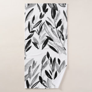 Black and white elegant watercolor natural leaves bath towel