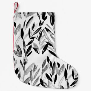 Black and white elegant watercolor natural leaves small christmas stocking
