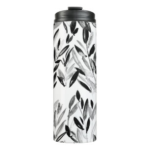 Black and white elegant watercolor natural leaves thermal tumbler