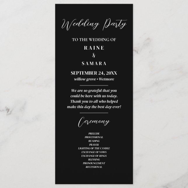 Black and White Elegant Wedding Party Program (Front)