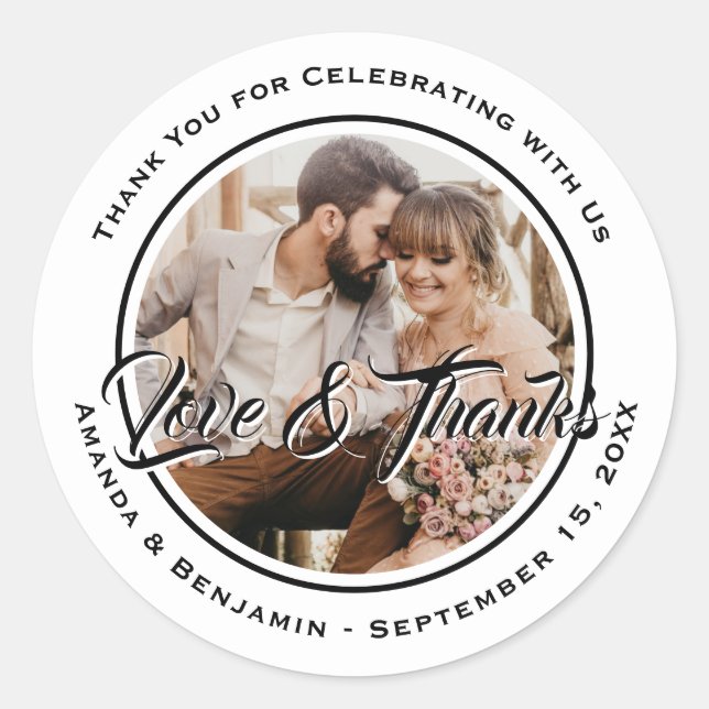 Black and White Elegant Wedding Photo Favour Classic Round Sticker (Front)
