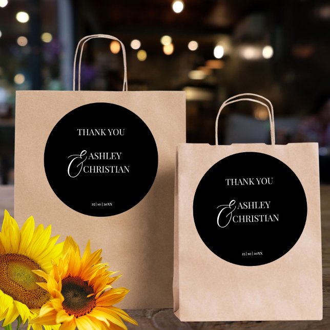 Black and white elegant wedding thank you favour classic round sticker (Black and white elegant simple minimalist wedding thank you favor sticker wedding favors)
