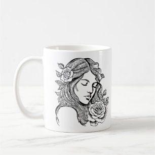 Black and White elegant woman with flowers mug