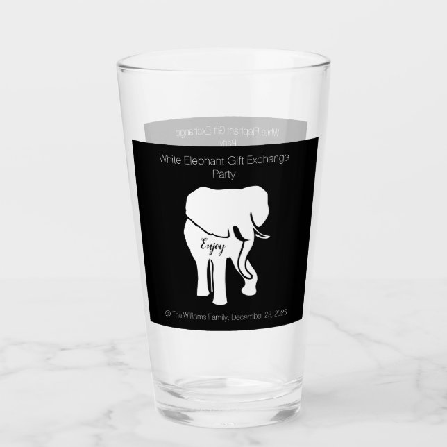 Black and White Elephant Gift Exchange Custom Text Glass (Front)