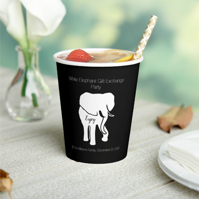 Black and White Elephant Gift Exchange Custom Text Paper Cups (Insitu)