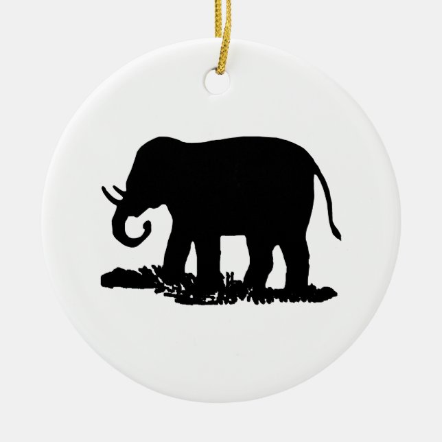 Black and White Elephant Silhouette Ceramic Tree Decoration (Front)