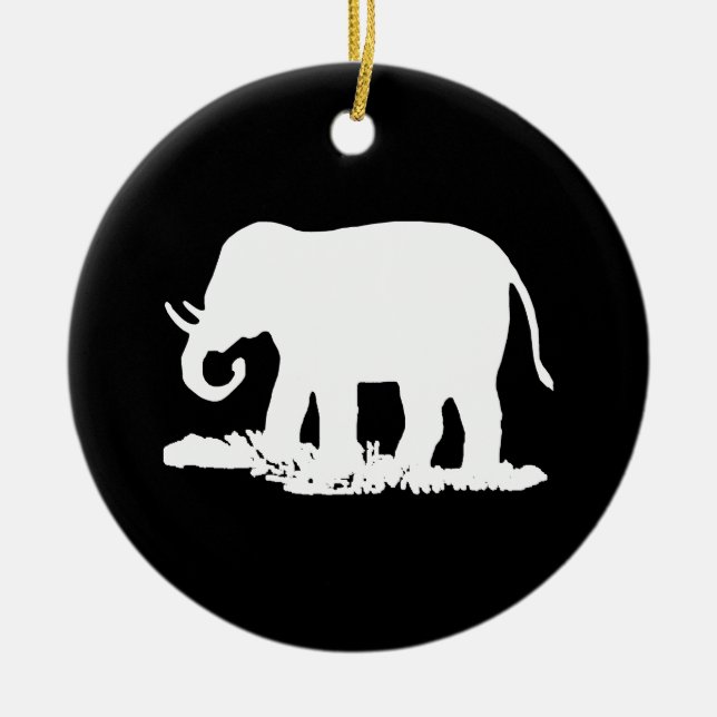 Black and White Elephant Silhouette Ceramic Tree Decoration (Front)