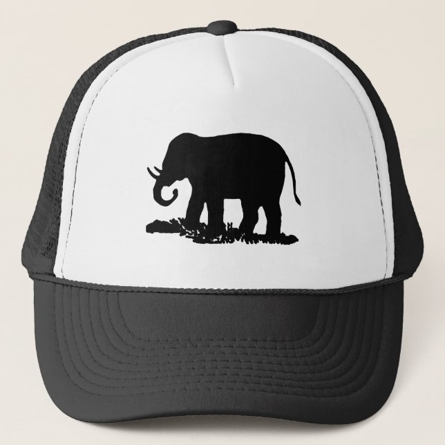 Black and White Elephant Silhouette Trucker Hat (Front)