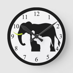 Black and White Elephants Round Clock