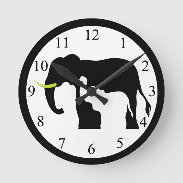 Black and White Elephants Round Clock (Front)
