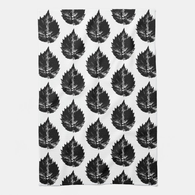 Black and White Elm Leaf Print Tea Towel (Vertical)