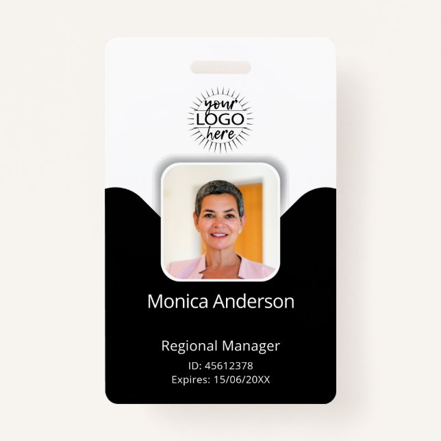 Black and White Employee Photo ID Name QR Bar Code ID Badge (Front)