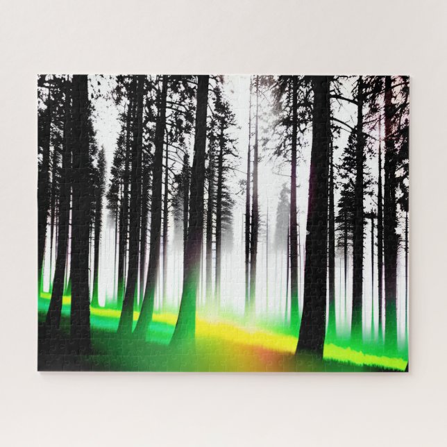 Black and White Enchanted Foggy Forest and Green Jigsaw Puzzle (Horizontal)