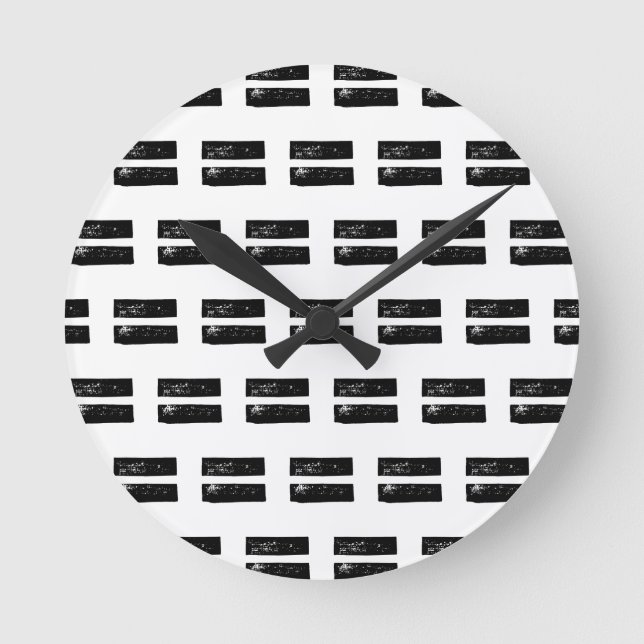 Black and White "Equals" Math Symbol Lino Cut Round Clock (Front)