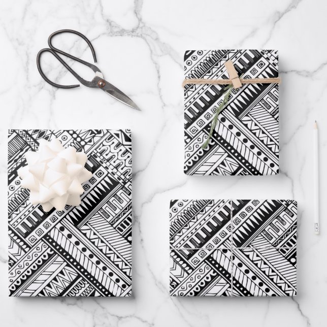 Black and White Ethinic Mix Pattern Wrapping Paper Sheet (Front)