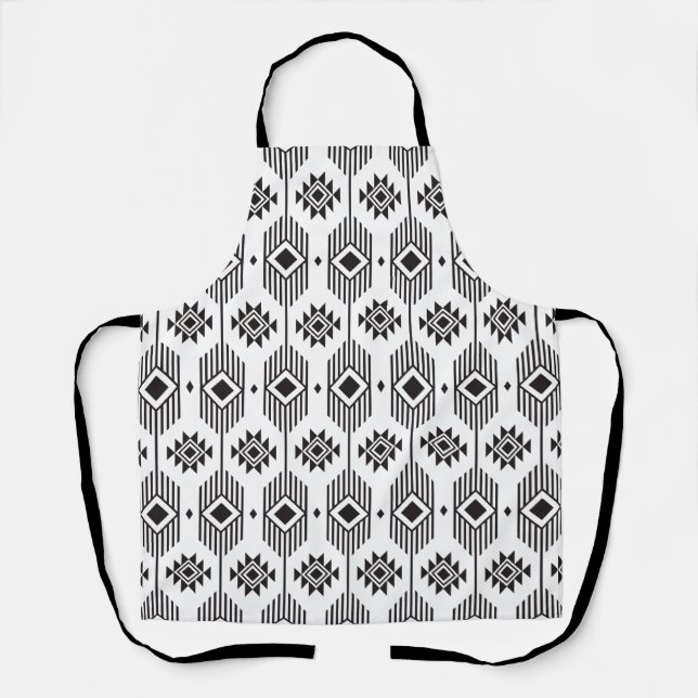 Black and white ethnic ikat geometric pattern apron (Front)